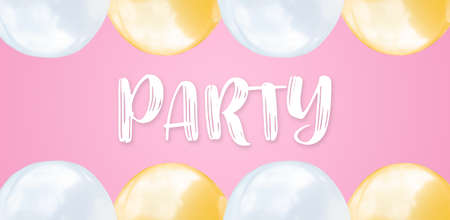Abstract flat lay pink and white balloons on pastel pink wide background with text concept for Happy birthday party, empty space invitation card design, confetti panorama template, holiday family ornament symbol.の写真素材