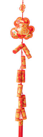 Fortune cracker decoration in Happy Chinese New Year 2019 display on white isolate background concept for blurry outdoor buddhist chinatown, oriental religious culture, Shanghai city.の写真素材