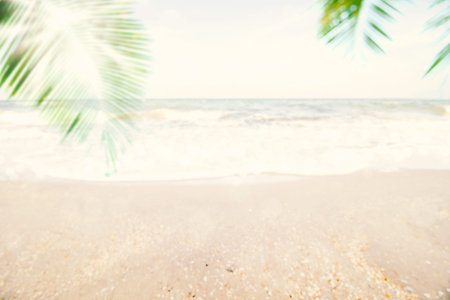 Abstract soft blur nature tropical beach with green coconut palm leaf and light wave bokeh...