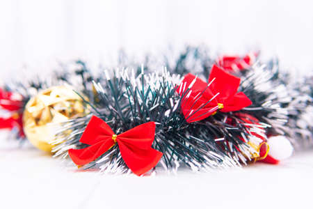 Vintage Bauble Christmas celebration on wood table top view background concept for clock countdown decoration on empty rustic desk with snow, Merry Christmas and Happy new year mockup product cardの写真素材
