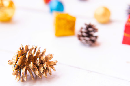 Vintage Bauble Christmas celebration on wood table top view background concept for clock countdown decoration on empty rustic desk with snow, Merry Christmas and Happy new year mockup product cardの写真素材