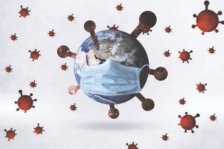 World mask protect Corona virus on background concept for Earth warning covid19 flu pandemic quarantine, wide environment day care for pneumonitis and symptoms controlの写真素材
