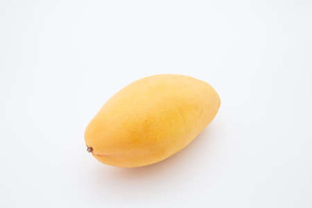 Close up one ripe yellow mango popular of fruit slices product isolated mockup on white background concept for summer tropical juice taste breakfast image. Eating fresh healthy organic food.の写真素材