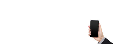 Woman hand holding and showing blank smartphone screen on  white background    display...
