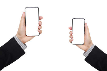 Woman hand holding and showing blank smartphone screen on  white background    display concept.Â Hand  business man hold smartphone take pictures the landscape horizontalの写真素材