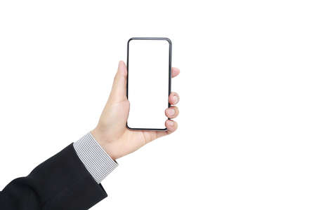 Woman hand holding and showing blank smartphone screen on  white background    display concept.Â Hand  business man hold smartphone take pictures the landscape horizontalの写真素材