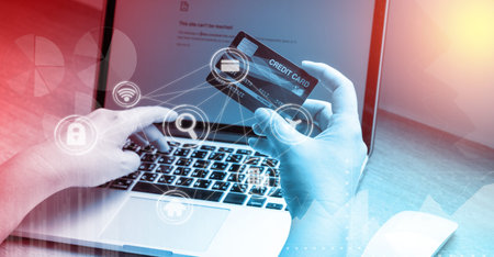 Business woman hand hold credit card to shopping internet online bill on computer, Debit saving...