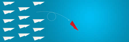 Abstract One red paper planes in new direction of group on chalkboard background concept for individual teamwork think different solution. CEO Change vision way for new normal business strategy trend.の写真素材