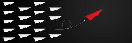 Abstract One red paper planes in new direction of group on chalkboard background concept for individual teamwork think different solution. CEO Change vision way for new normal business strategy trend.の写真素材