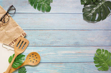 Kitchen tool in vlog filmmaker wooden table top view concept blank empty workspace mockup display, flat lay vlog stay and work at home for movie clip ideaの写真素材