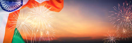 Celebration colorful firework on india flag pattern on sky background concept for indian 15 august republic independence day, symbol of nepal freedom culture and democracy in  festive celebration travelの写真素材