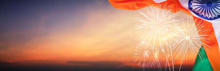 Celebration colorful firework on india flag pattern on sky background concept for indian 15 august republic independence day, symbol of nepal freedom culture and democracy in  festive celebration travelの写真素材