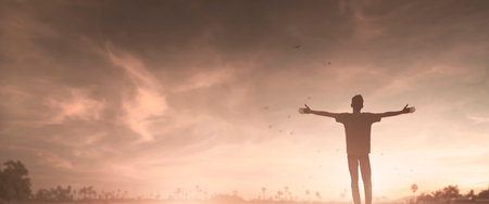 Happy man rise hand on morning view. Christian inspire praise God on good friday background. Now one man self confidence on peak open arms enjoying nature the sun concept world wisdom fun hopeの写真素材