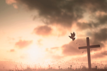 Happy man rise hand on morning view. Christian inspire praise God on good friday background. Now one...