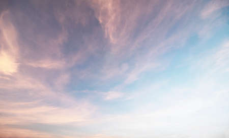 Summer Blue Sky and white clouds background. Beautiful clear cloudy in sunlight spring season. Panorama vivid cyan cloudscape in nature environment. Outdoor horizon skyline with spring sunshine.の写真素材