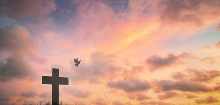 Jesus cross crucifixion on calvary hill in sunrise good Friday risen in easter day morning Sunday concept for ChristianÂ praise forÂ holy spirit religiousÂ God,Â Catholic church prayÂ star dawn background.の写真素材