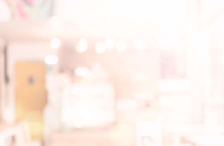 Abstract blur lights in retail shop mall background. Interior clean supermarket lifestyle concept for city store billboard, consumer way modern market glowing center, Defocus blurred coffeeshop.の写真素材