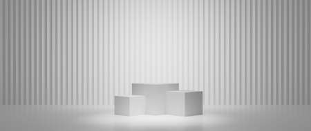 Cosmetic podium product minimal scene with platform grey background 3d render. Display stand for pastel white color mock up. stand to show beauty  backdrop on pedestal. Simple box gray designの写真素材