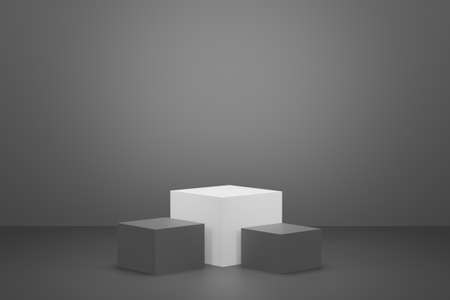 Cosmetic podium product minimal scene with platform grey background 3d render. Display stand for pastel white color mock up. stand to show beauty  backdrop on pedestal. Simple Cylinder gray designの写真素材