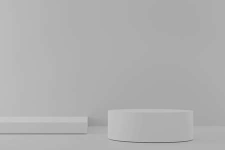 Cosmetic podium product minimal scene with platform grey background 3d render. Display stand for pastel white color mock up. stand to show beauty  backdrop on pedestal. Simple Cylinder gray designの写真素材