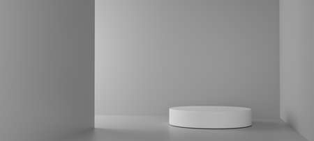 Cosmetic podium product minimal scene with platform grey background 3d render. Display stand for pastel white color mock up. stand to show beauty  backdrop on pedestal. Simple Cylinder gray designの写真素材