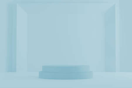 Cosmetic podium product minimal scene with platform teal background 3d render. Display stand for pastel blue mint green color mock up. Show beauty backdrop on pedestal. Simple Cylinder Sweet designの写真素材