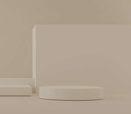 Cosmetic podium product minimal scene with platform beige background 3d render. Display stand for pastel white color mock up. stand show beauty  backdrop on pedestal. Simple Cylinder pastel designの写真素材