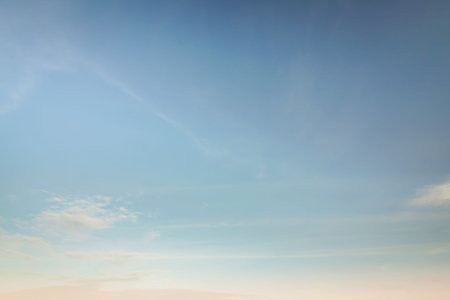 Summer blue sky cloud gradient fade white background. Beauty clear cloudy in sunshine calm bright winter air bacground. Wide vivid cyan landscape in environment day Outdoor horizon skyline spring windの写真素材