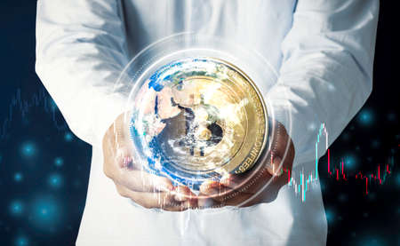 Bitcoin cryptocurrency coins exchange wallet. Web3.0 blockchain technology graph scene altcoins, business finance mining, digital money market. US Dollar currency in global digital economy adoption.の写真素材