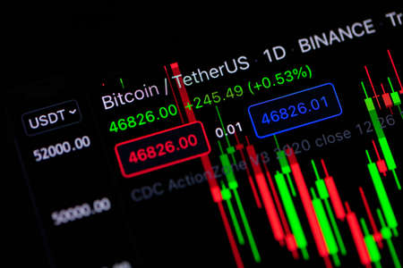 Bitcoin cryptocurrency coins exchange graph screen. web3.0 blockchain technology graph scene altcoins, business finance, digital money market. US Dollar currency in economy adoption.の写真素材