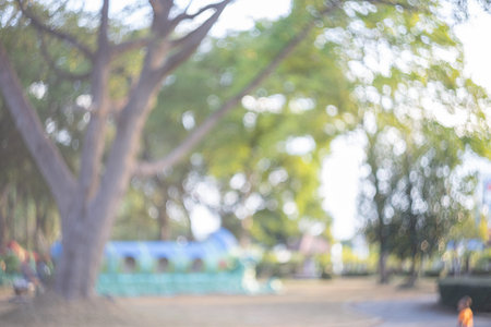 Blurry Green background Blur public playground park, Daycare in nature outdoor in light foliage bokeh bacground, Kid Spring summer defocused greenery field season. meadow scene, eco environment day.の写真素材