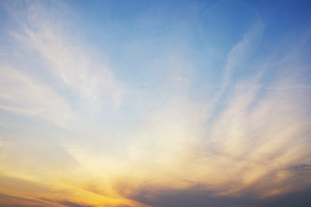 Summer blue sky cloud gradient light white background. Beauty clear cloudy in sunshine calm bright winter air bacground. Gloomy vivid cyan landscape in environment day horizon skyline view spring windの写真素材