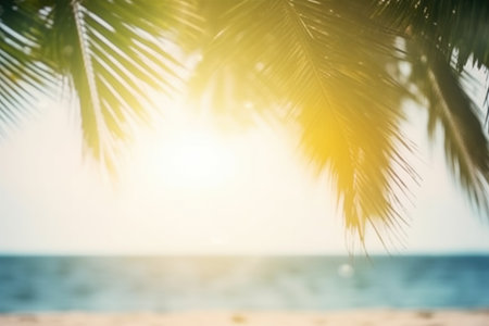 Empty wide bar with blurred coconut tree on beach scene background coconut leaf on frame for product display mockup outside summer day time. Resort clean wood desk board on nature view.の素材