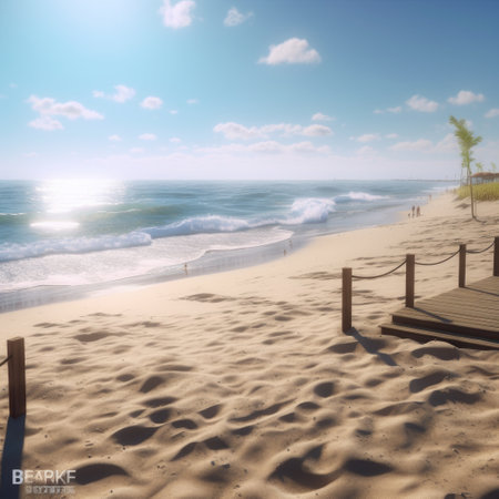 Empty wide bar with blurred coconut tree on beach scene background coconut leaf on frame for product display mockup outside summer day time. Resort clean wood desk board on nature view.の素材