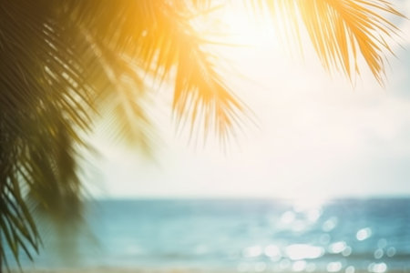 Empty wide bar with blurred coconut tree on beach scene background coconut leaf on frame for product display mockup outside summer day time. Resort clean wood desk board on nature view.の素材