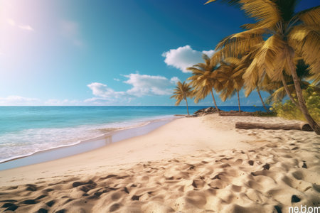 Empty wide bar with blurred coconut tree on beach scene background coconut leaf on frame for product display mockup outside summer day time. Resort clean wood desk board on nature view.の素材