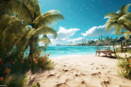 Empty wide bar with blurred coconut tree on beach scene background coconut leaf on frame for product display mockup outside summer day time. Resort clean wood desk board on nature view.の素材