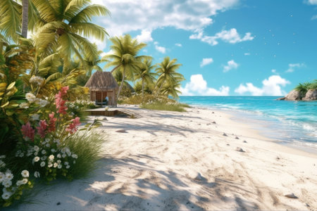 Empty wide bar with blurred coconut tree on beach scene background coconut leaf on frame for product display mockup outside summer day time. Resort clean wood desk board on nature view.の素材