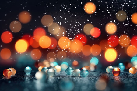 Happy Christmas light decorations in new year night winter background. Ornaments elements gold confetti bokeh color Xmas ornaments Glass ball tree decorations. Christmas glowing Golden Background.の素材