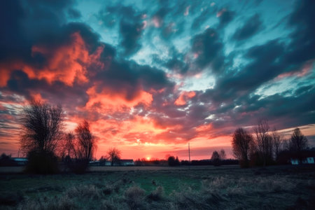 Meadow Sunset panorama View: Serene Nature Landscape Colorful Sky. Wide Countryside rye wheat field in the summer on cloudy sky background. World environment day concept: Green energy carbon credit.の素材
