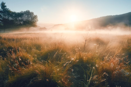 Meadow Sunset panorama View: Serene Nature Landscape Colorful Sky. Wide Countryside rye wheat field in the summer on cloudy sky background. World environment day concept: Green energy carbon credit.の素材