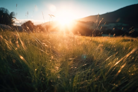 Meadow Sunset panorama View: Serene Nature Landscape Colorful Sky. Wide Countryside rye wheat field in the summer on cloudy sky background. World environment day concept: Green energy carbon credit.の素材