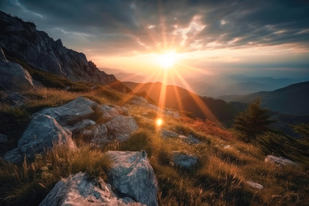 Meadow Sunset panorama View: Serene Nature Landscape Colorful Sky. Wide Countryside rye wheat field in the summer on cloudy sky background. World environment day concept: Green energy carbon credit.の素材