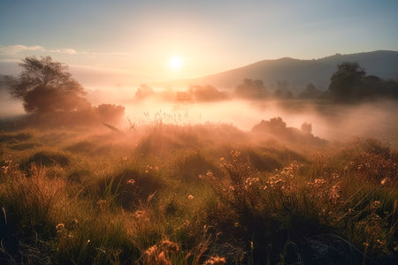 Meadow Sunset panorama View: Serene Nature Landscape Colorful Sky. Wide Countryside rye wheat field in the summer on cloudy sky background. World environment day concept: Green energy carbon credit.の素材