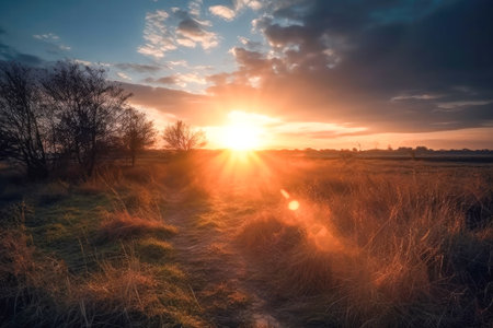 Meadow Sunset panorama View: Serene Nature Landscape Colorful Sky. Wide Countryside rye wheat field in the summer on cloudy sky background. World environment day concept: Green energy carbon credit.の素材