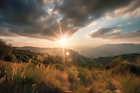 Meadow Sunset panorama View: Serene Nature Landscape Colorful Sky. Wide Countryside rye wheat field in the summer on cloudy sky background. World environment day concept: Green energy carbon credit.の素材