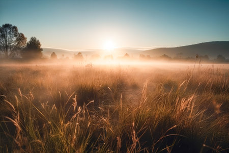 Meadow Sunset panorama View: Serene Nature Landscape Colorful Sky. Wide Countryside rye wheat field in the summer on cloudy sky background. World environment day concept: Green energy carbon credit.の素材