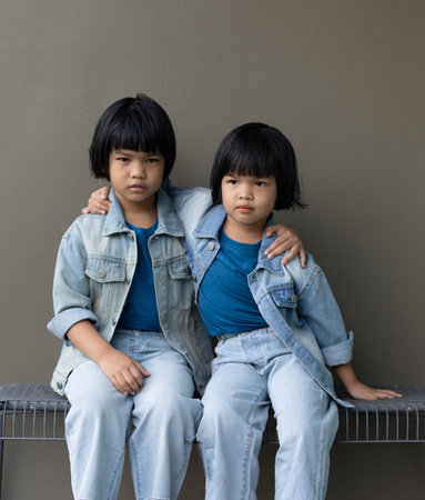 Girl child wearing blue jeans costume standing with her friend on in studio. A sad Girl looking away on grey wall background in family parents house Back to school 5 years old children Happy to learnの写真素材