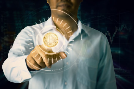 Business man hand touching screen metaverse universe, Digital currency transformation concept for digital generation technology internet network connect.の写真素材