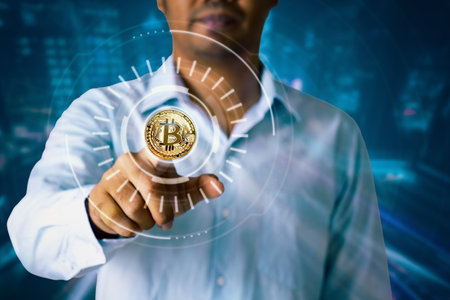 Business man hand touching screen metaverse universe, Digital currency transformation concept for digital generation technology internet network connect.の写真素材